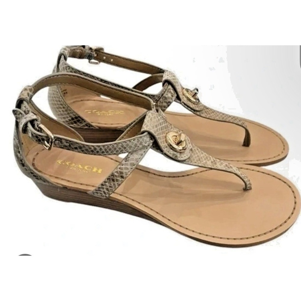 Coach Size 8 Ingrid T-Strap Thong Wedge Sandals Natural Snakeskin Print